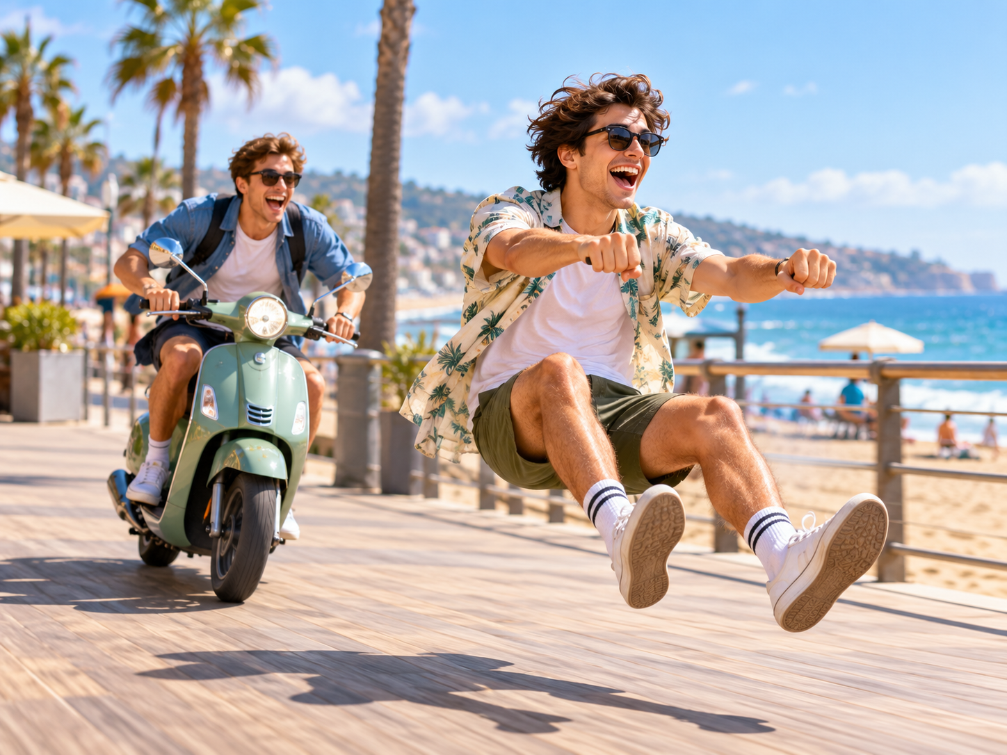Two friends laugh during an invisible motorcycle chase along a palm-lined beachfront promenade.